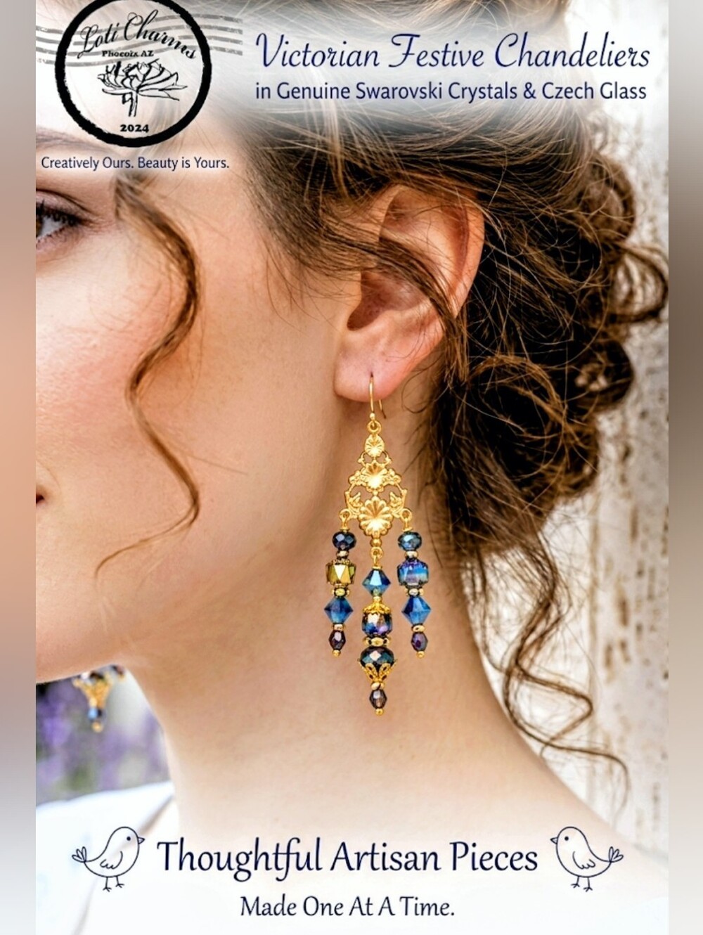 Victorian Festive Chandeliers In Electric Blue Artisan Long Handmade Earrings